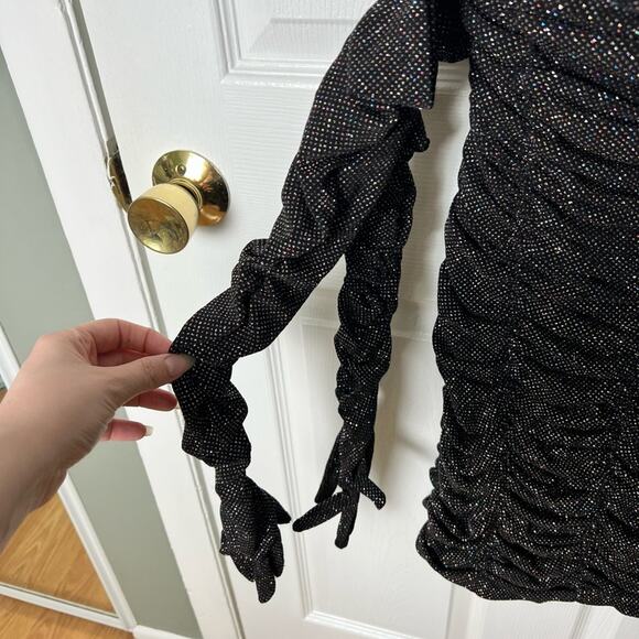SAU LEE Revolve Black Strapless Faye Metallic Ruched Mini Dress W/ Gloves 4 - Picture 5 of 9